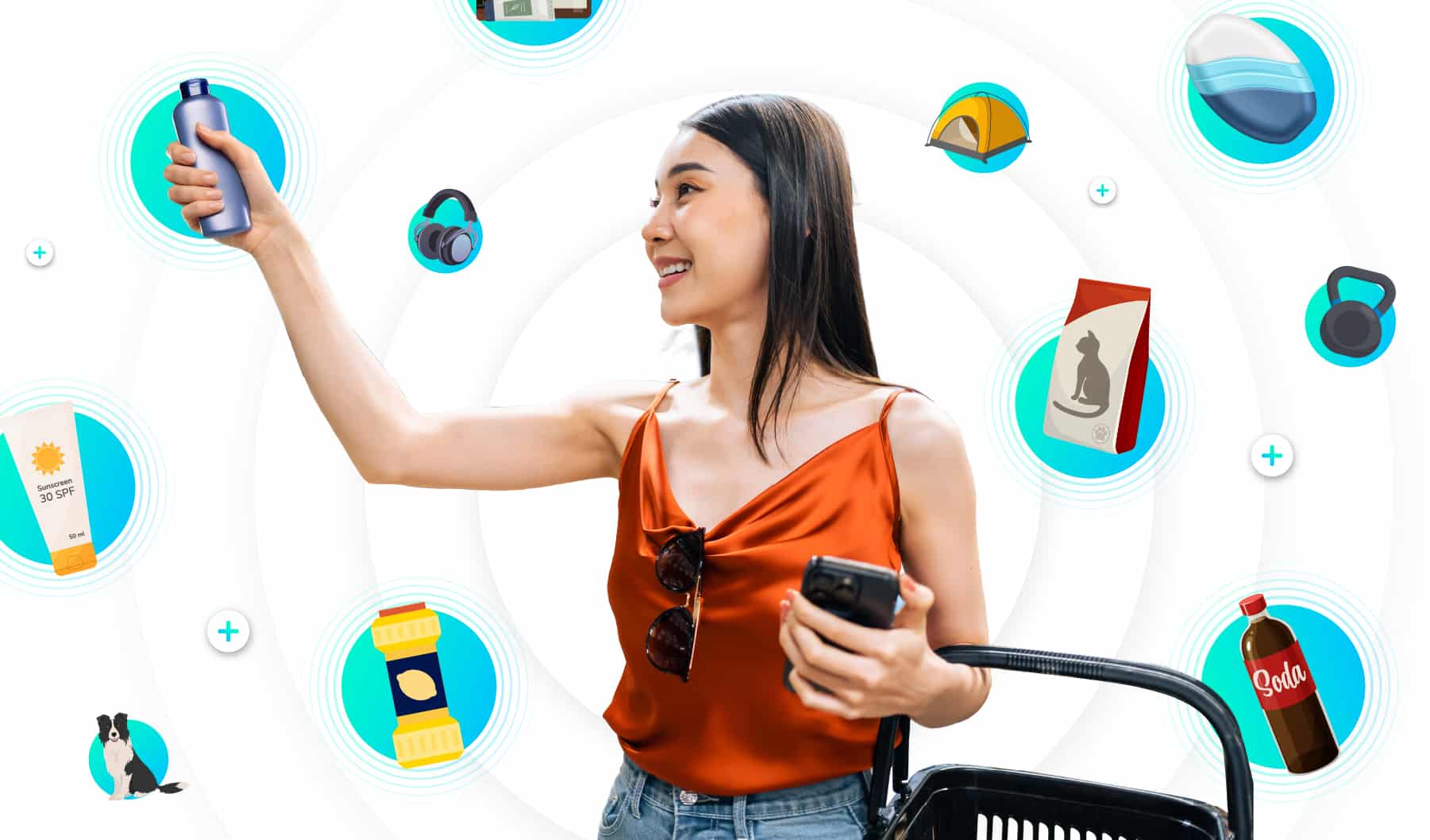 women holding a bottle of shampoo and surrounded by CPG products