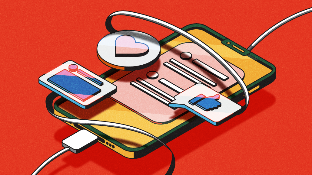 red background with phone. Heart symbol and thumbs up sign.