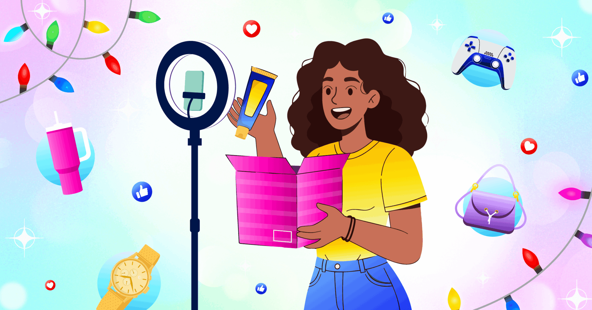 Women opening up a present with ring light recording herself.