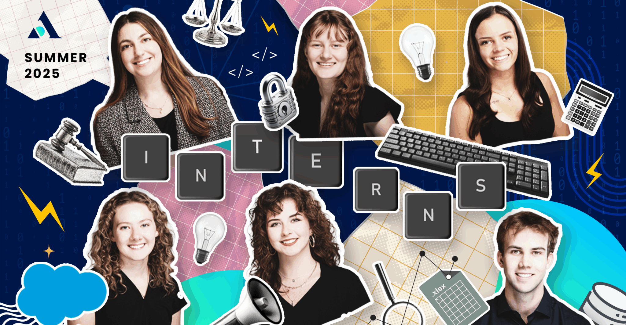 Collage-style image featuring six Alliant Summer 2025 interns surrounded by illustrated icons like a gavel, light bulb, calculator, and keyboard on a colorful background with tech-inspired, geometric shapes, binary code, and “INTERNS” spelled out in keyboard keys.
